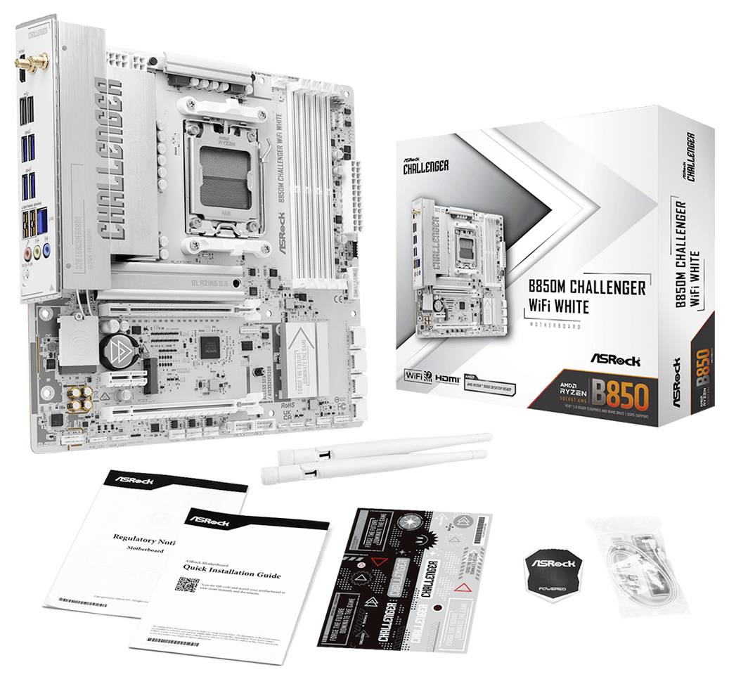 ASRock B850M Challenger WiFi witte moederbord weergegeven met retailbox, handleidingen, Wi-Fi antennes, sticker en bijbehorende accessoires.