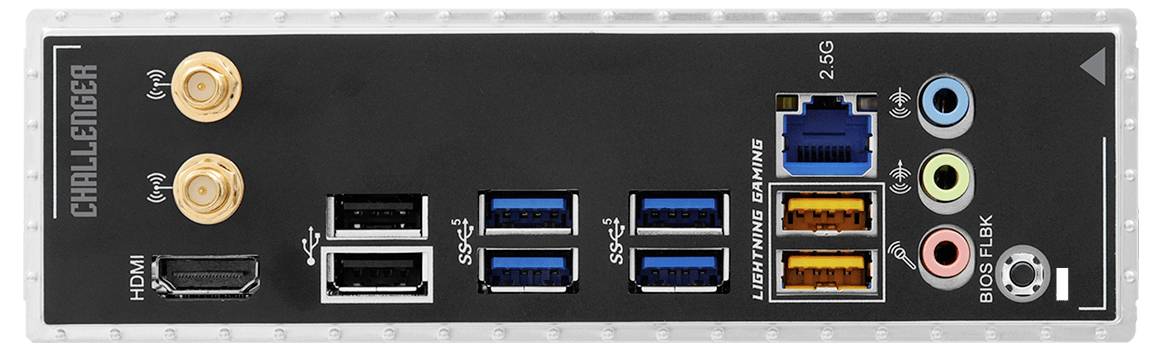 Achterpaneel van een moederbord met poorten: HDMI, USB-poorten, LAN, audiojacks en BIOS-flashknop.