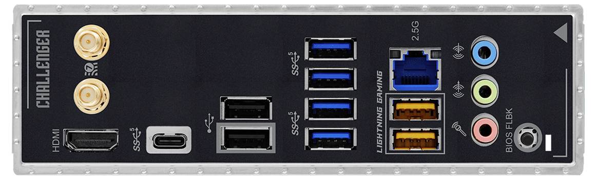 Achterpaneel van een desktopcomputermoederbord met HDMI, USB-C, meerdere USB-poorten, Ethernet en audiokoppelingen.