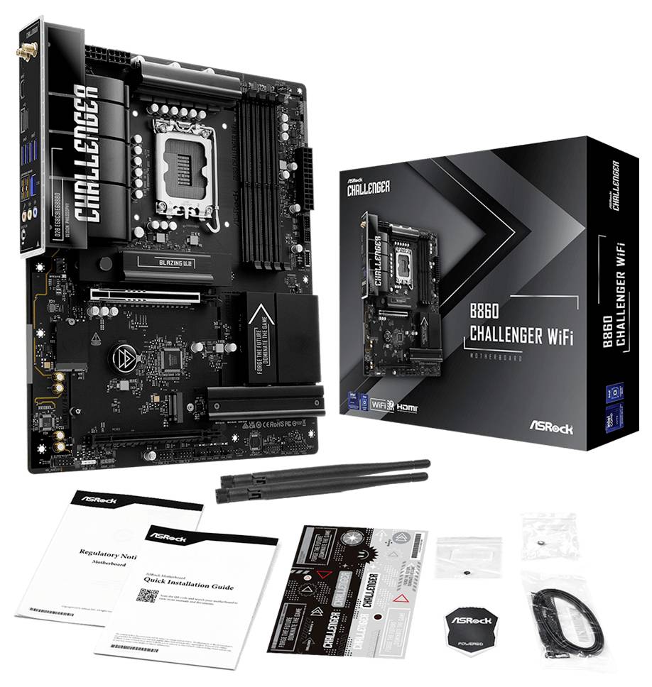 ASRock B860 Challenger WiFi moederbord getoond met retaildoos, handleidingen, antennes, kabels en meegeleverde accessoires.