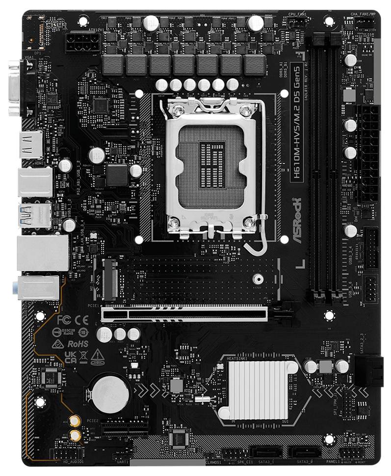 Zwarte ASRock H610M-HVS/M.2 R5.0 microATX moederbord met Intel CPU-socket, RAM-slots, PCIe-slot en I/O-poorten aan de achterkant.