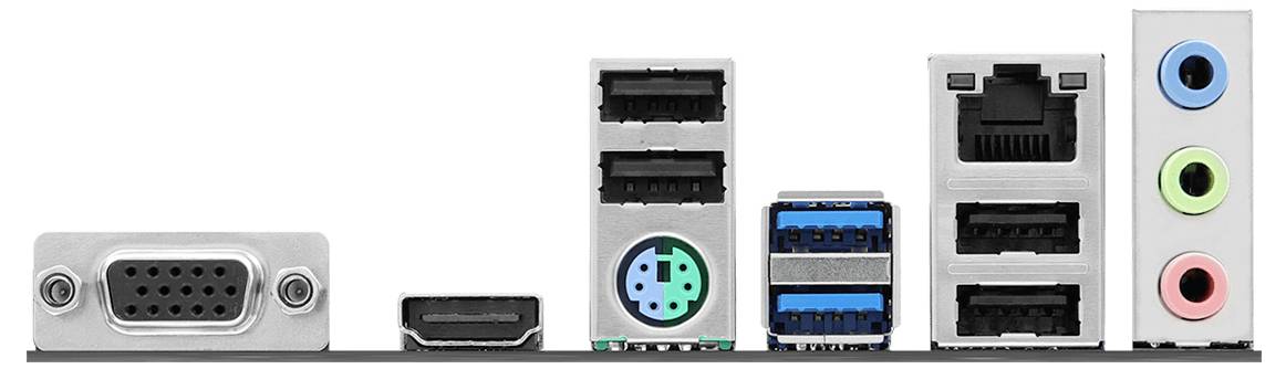 Achterpaneel I/O van een desktopmoederbord met VGA, HDMI, USB-poorten, Ethernet en audiojacks.