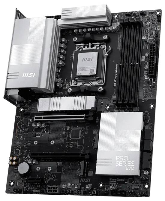 MSI PRO SERIES EVO moederbord met Intel CPU-socket, RAM-sleuven, koellichamen en uitbreidingssleuven op een zwart circuit board.