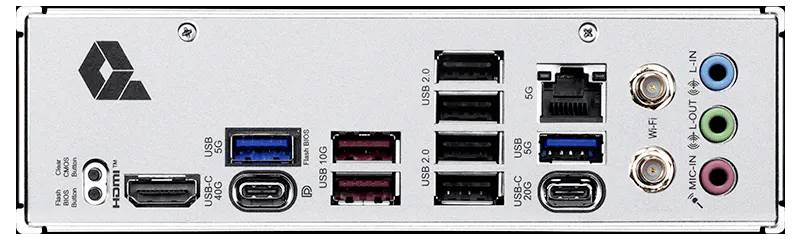 Achteraan I/O-paneel van de computer met meerdere poorten: HDMI, USB-C, meerdere USB-A, Ethernet, coaxiaal en audiojacks, plus line-out, microfoon en line-in connectoren.