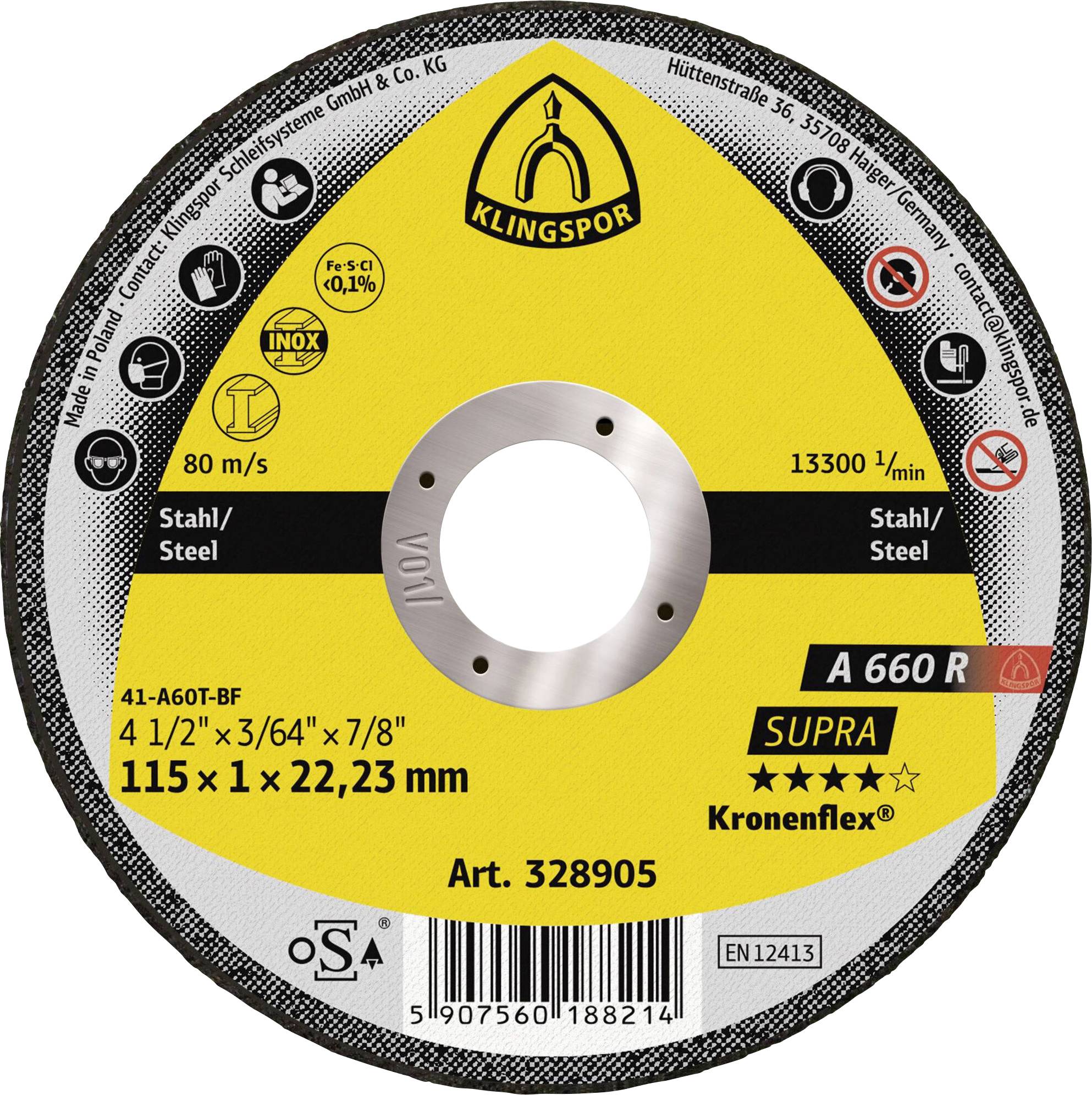 Klingspor A 660 R Supra 328905 Doorslijpschijf recht 115 mm 25 stuk(s) RVS, Staal