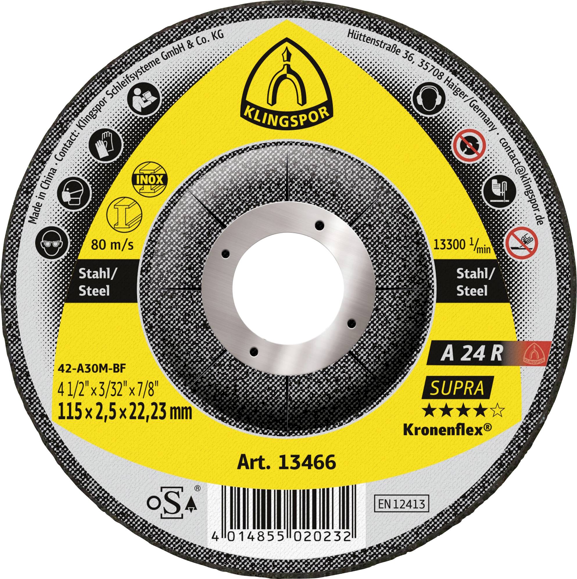 Een ronde snijschijf met een geel en zwart ontwerp met het label 'Klingspor,' met de volgende specificaties: 115x2.5x22.23mm, voor staal, max 13300 rpm.
