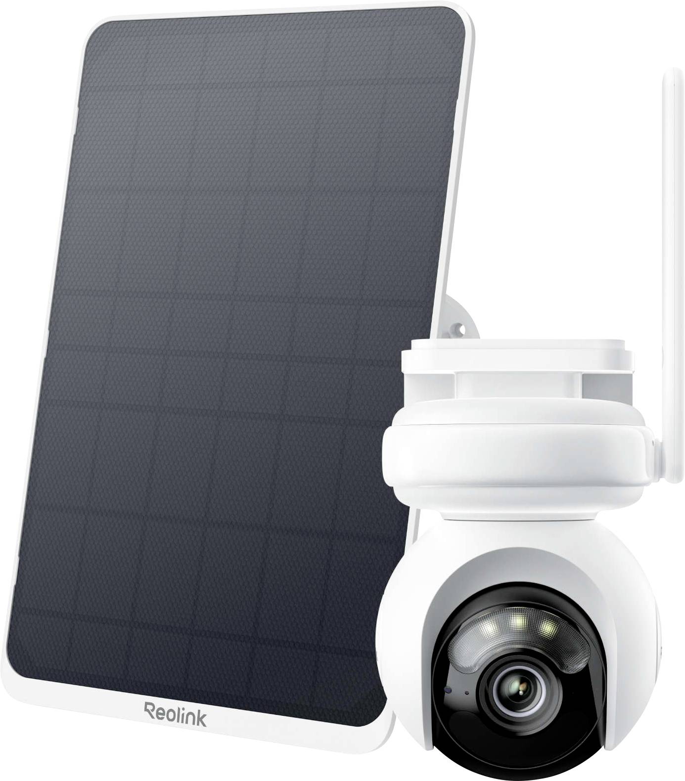 Een op zonne-energie aangedreven beveiligingscamera met een zonnepaneel en 360-graden rotatiekapaciteit voor buitenbewaking.