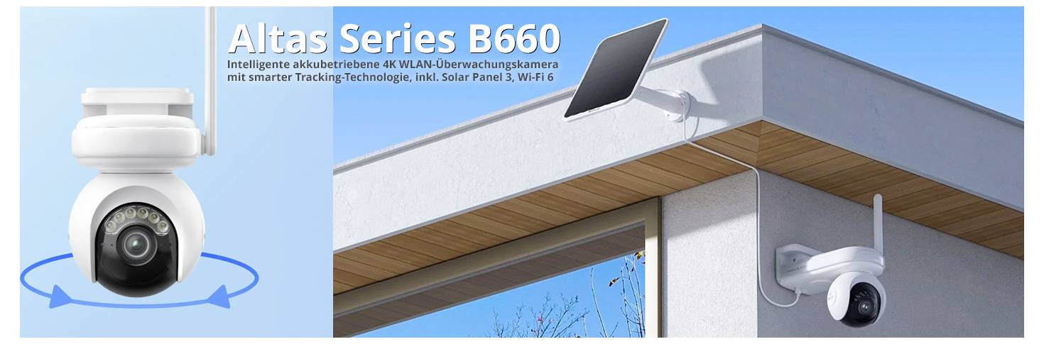 Bewakingscamera 'Atlas Series B660' met WLAN en zonnepaneel, gemonteerd op een gebouwhoek, toont 360°-rotatie.