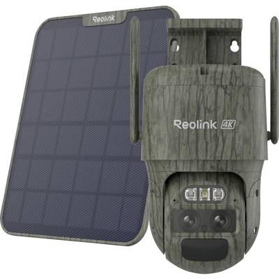 Een Reolink 4K beveiligingscamera in camouflageontwerp wordt naast een zonnepaneel getoond, wat het op zonne-energie aangedreven buitengebruik ervan benadrukt.