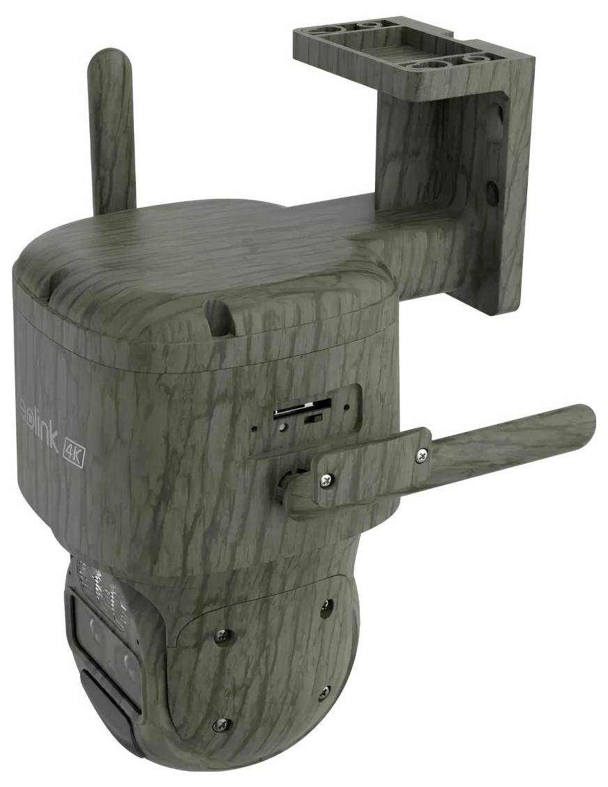 Een beugel voor een beveiligingscamera, ontworpen voor buitengebruik, met een gekantelde houder en verstelbare armen. Het oppervlak heeft een houtachtige textuur.