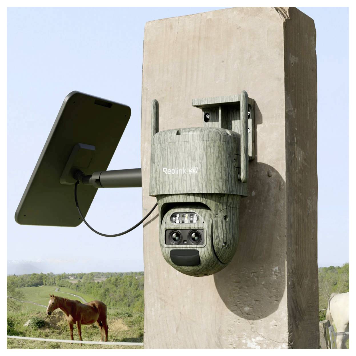 Een beveiligingscamera gemonteerd op een houten paal kijkt uit over een landelijk landschap met een grazig paard op de achtergrond.