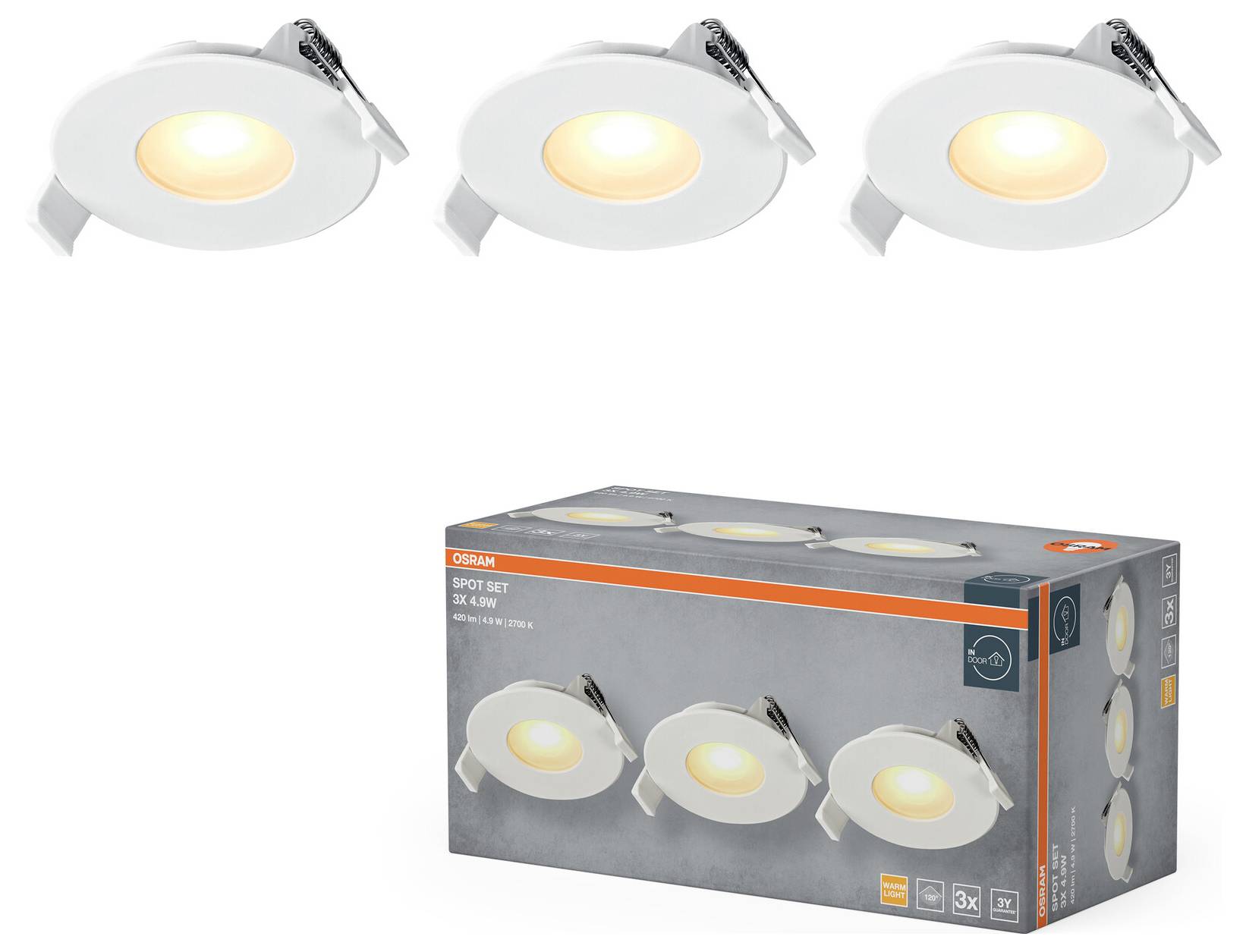 'Drie ronde LED-spotlights en hun verpakkingsdoos met Osram-branding, illustrerend een verlichtingsproductset.'
