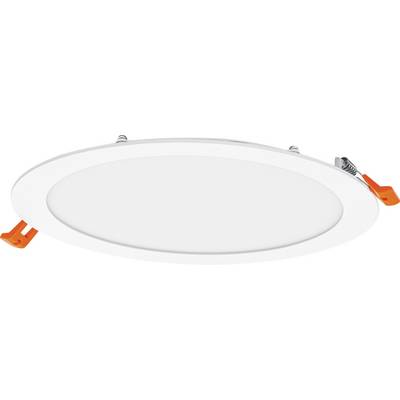 Een ronde, witte LED-plafondlamp met twee oranje klemmen aan de zijkanten voor montage of installatiedoeleinden.