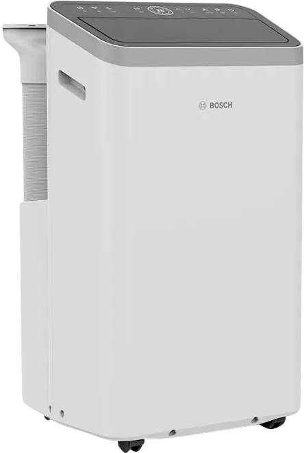 Een witte draagbare airconditioner met slangaansluiting en bedieningspaneel bovenop, voorzien van het merk 'Bosch'.