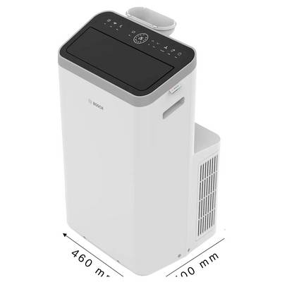 Witte Bosch luchtreiniger/ontvochtiger met bedieningspaneel aan de bovenkant en zijventilatie, weergegeven met afmetingen van 460 mm bij 270 mm.