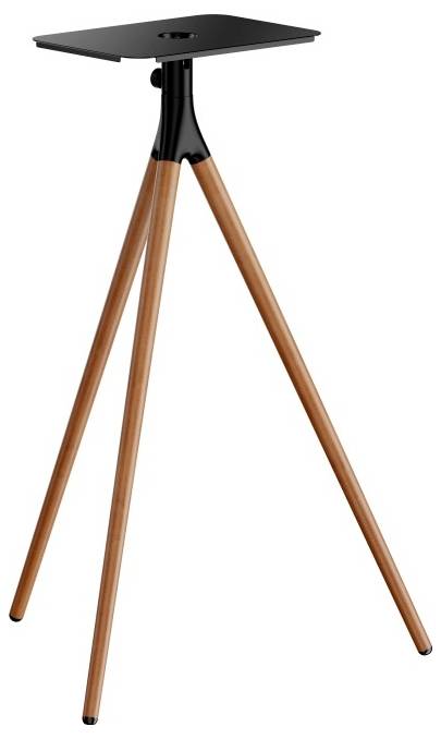 'Een houten statief met een zwart rechthoekig blad, ontworpen om luidsprekers of kleine apparaten te ondersteunen.'