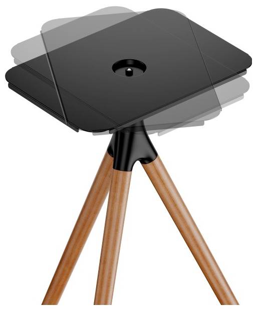 Een statief met houten poten en een zwart verstelbare bevestiging, afgebeeld onder verschillende kantelhoeken.