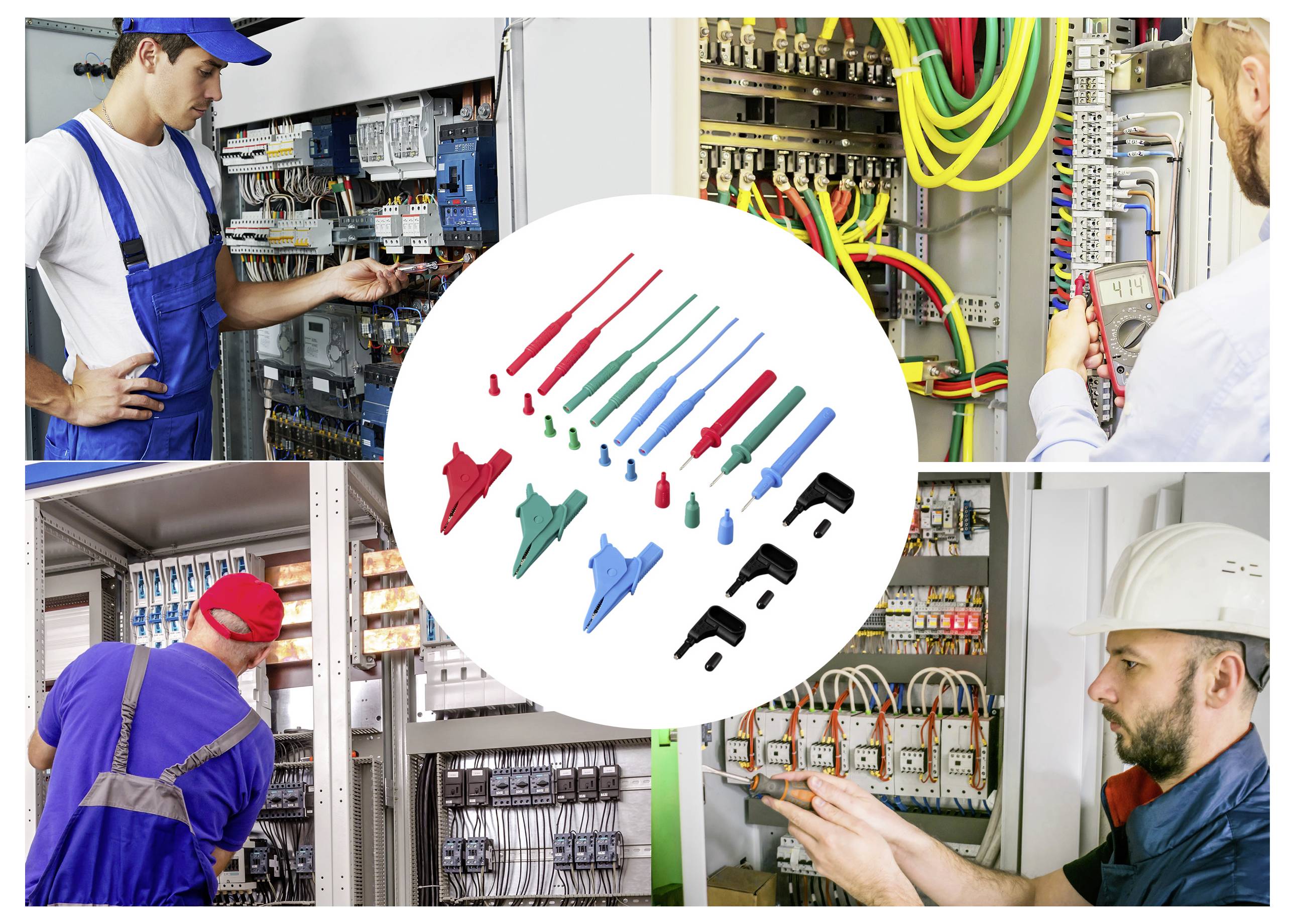 Collage van elektriciens die bedieningspanelen onderhouden, met in het midden een assortiment geïsoleerde testsondes en klemmen.