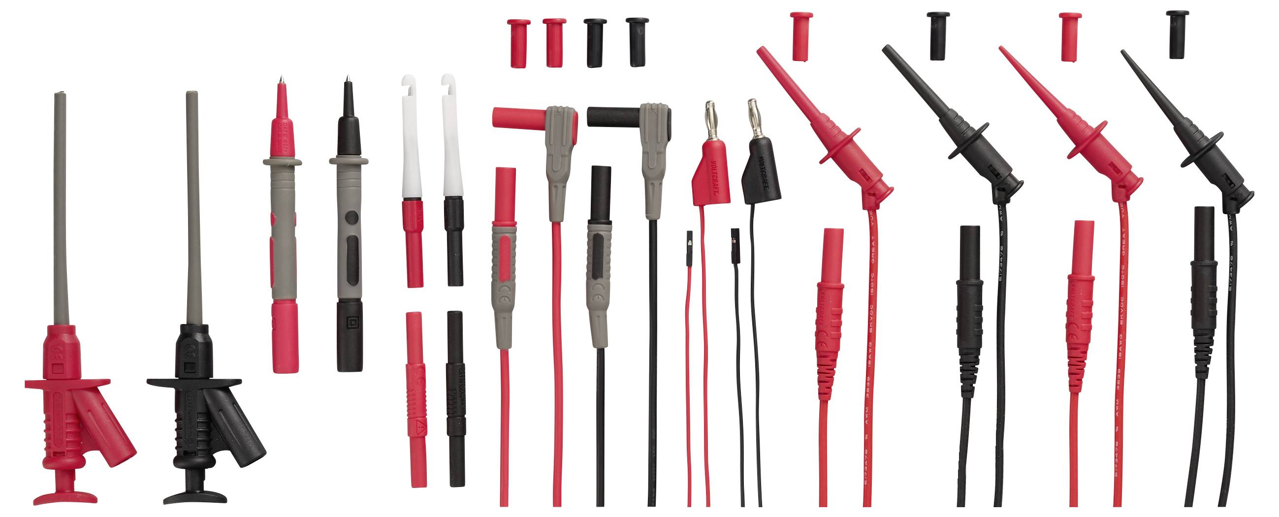 Assortiment multimeter testsondes en snoeren in rood, zwart, grijs en wit, weergegeven als verschillende sondetip- en kabelconfiguraties.