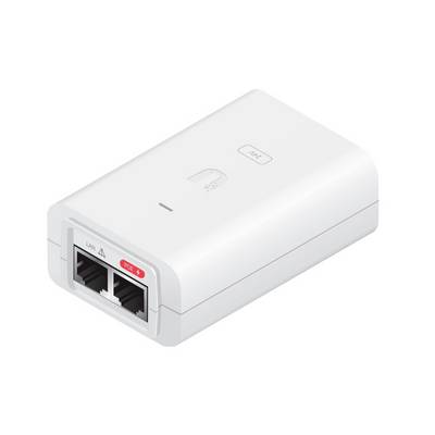 Een compacte, rechthoekige stroomlijnadapter met twee Ethernet-poorten gelabeld 'LAN' en 'PoE', met een kleine LED-indicator op het bovenstuk.