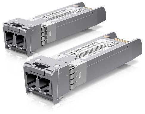 Twee SFP-glasvezelopticale transceivereenheden naast elkaar geplaatst, met hun connectoren en labels zichtbaar.