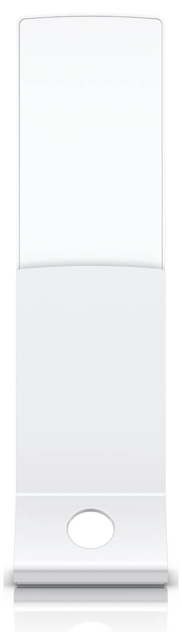 Een slanke, moderne witte computermonitorbasis met een circulair voetbord, ontworpen om de ergonomie te verbeteren en bureauruimte te besparen.