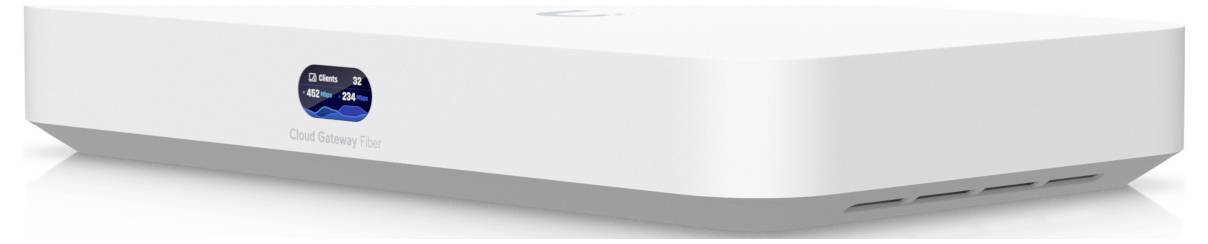 Witte, rechthoekige netwerkswitch met afgeronde randen, blauw LED-display aan de zijkant met 'Cloud Key Gen 2', ventilatiesleuven aan de onderrand.