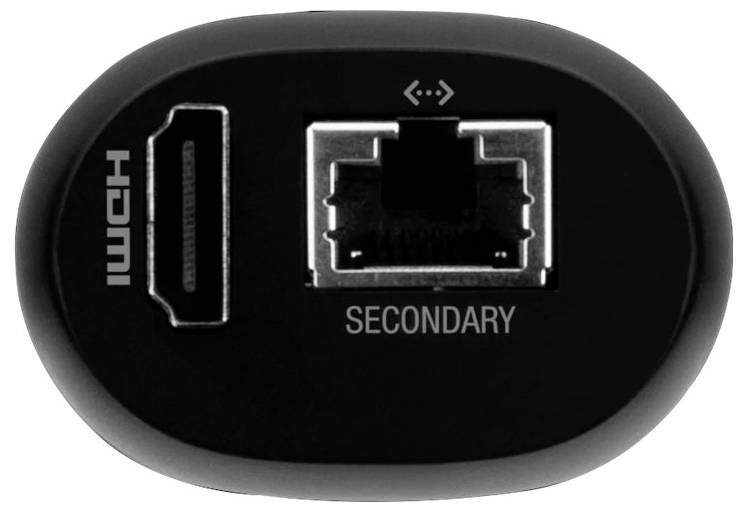 Een close-up van een apparaatpaneeltje met ingangspoorten gelabeld met 'HDMI' en 'SECONDARY', met een HDMI-poort en een Ethernet-poort, op een zwart oppervlak.