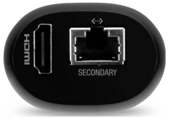 Een zwarte HDMI- en Ethernet-adapter met poorten gelabeld 'HDMI' en 'Secondary'.