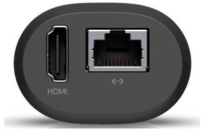 'HDMI- en Ethernet-poorten op een zwart apparaat, respectievelijk gelabeld.'