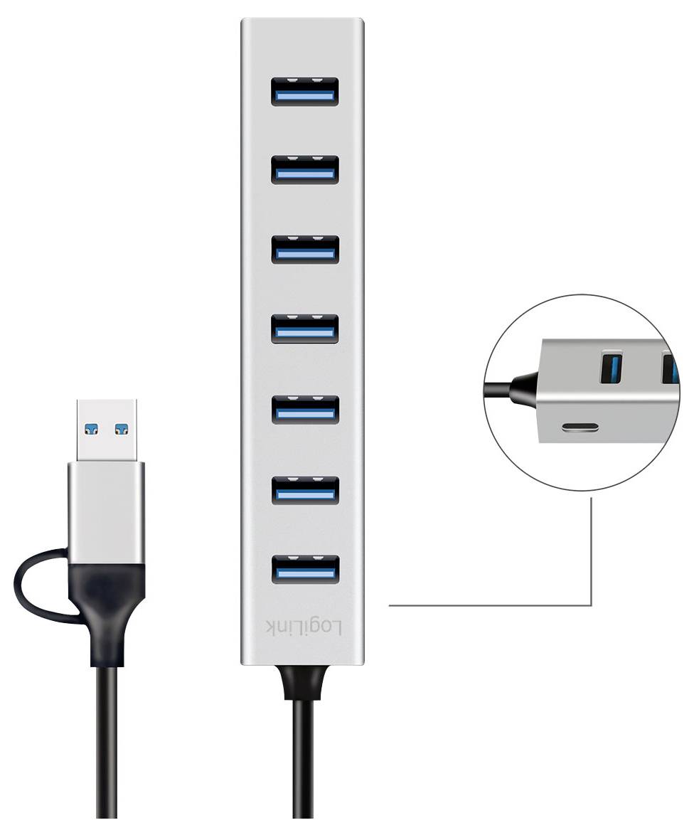 Zilveren 7-poorts USB-hub met één kabel aangesloten en een ingezoomde inzet met twee USB-A-poorten en een USB-C/stroompoort.