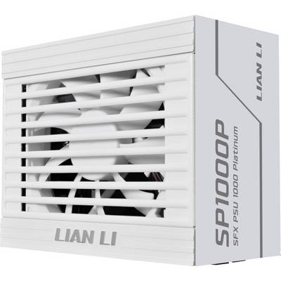 Een witte Lian Li SP1000P voedingseenheid met een zichtbare ventilator en modelnaam aan de zijkant.
