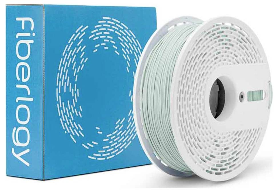 Een spoel lichtmintgekleurde 3D-printerfilamenten naast een blauwe Fiberlogy-doos met de merknaam en cirkellogo.