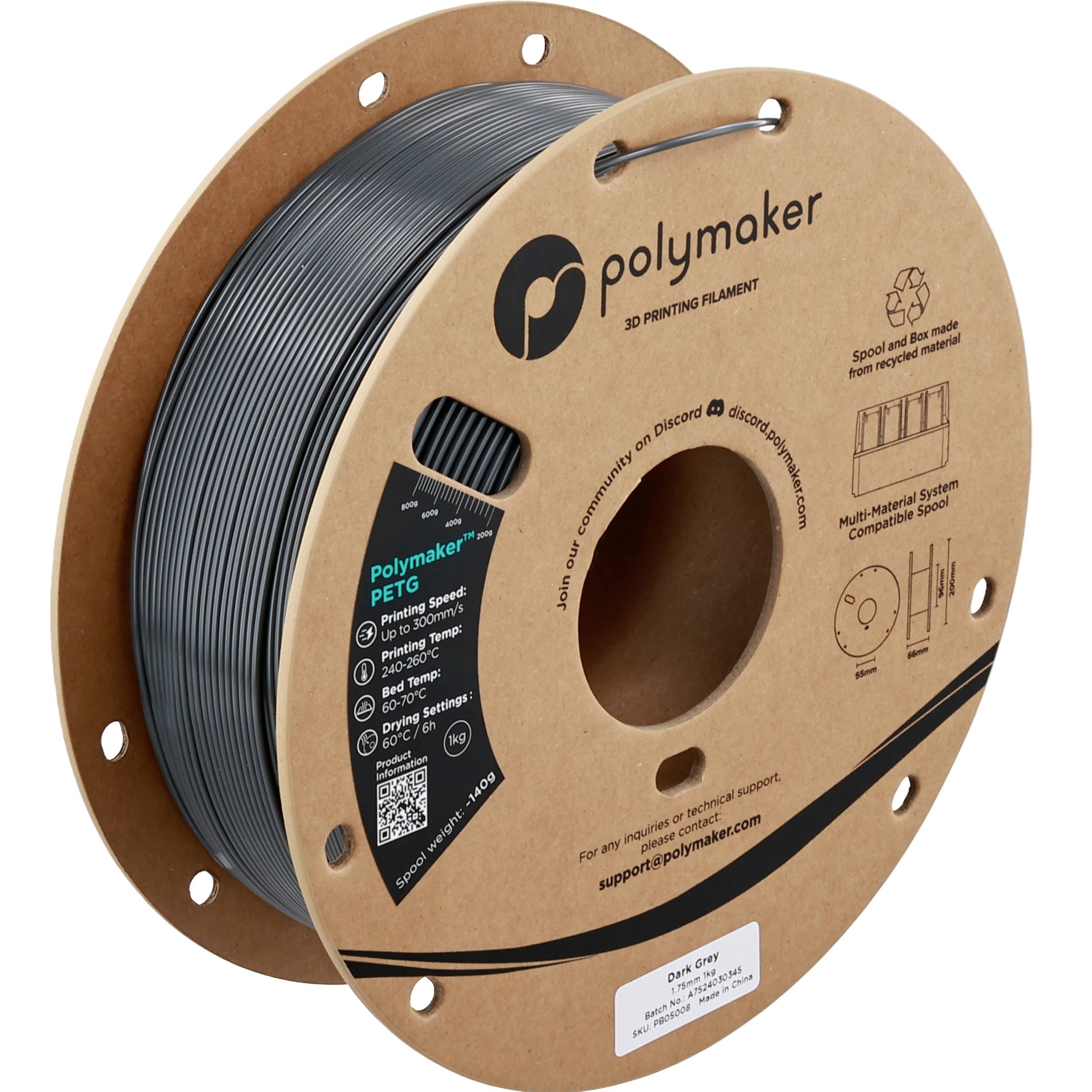 Een spoel donkergrijs Polymaker PETG 3D-printfilament op een kartonnen spoel met productmerk en specificaties.