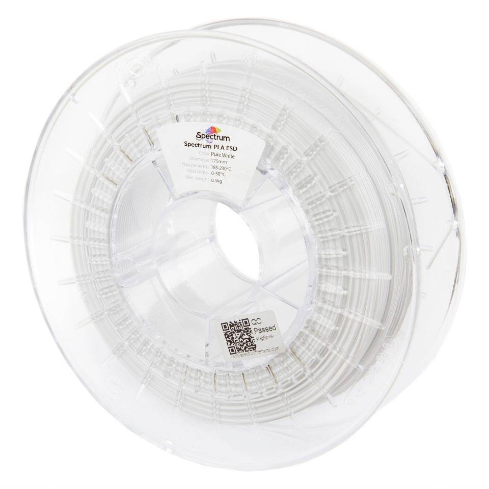 Doorzichtige spoel met witte Spectrum PLA ESD 3D-printfilament op een transparante spoel, geïsoleerd op een witte achtergrond.