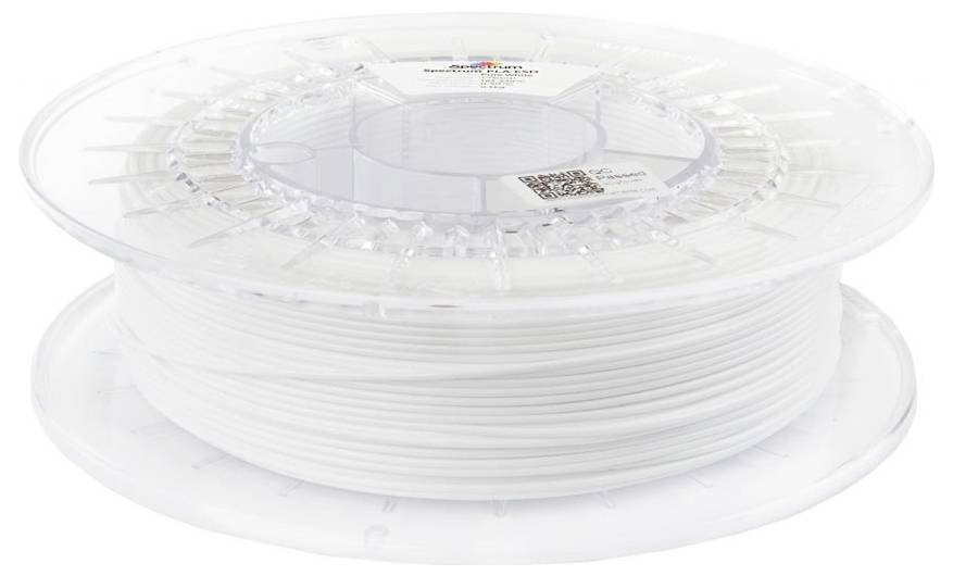Leeg spoel met witte filament opgewonden op een transparante spoel, weergegeven geïsoleerd op een witte achtergrond.