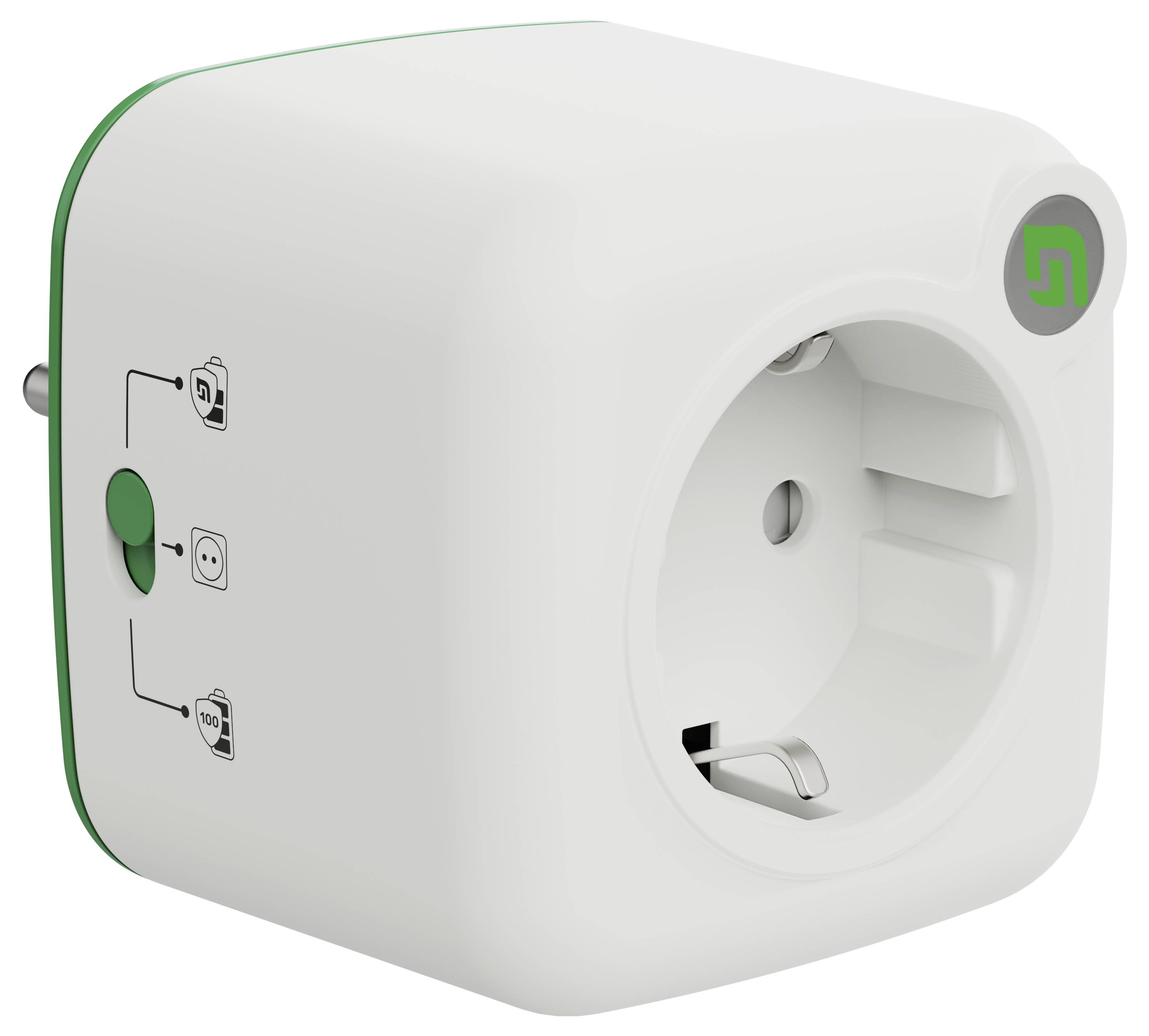 Een witte slimme stekkeruitgang met een groene knop en logo, ontworpen voor huisautomatisering, met een compact en elegant ontwerp.