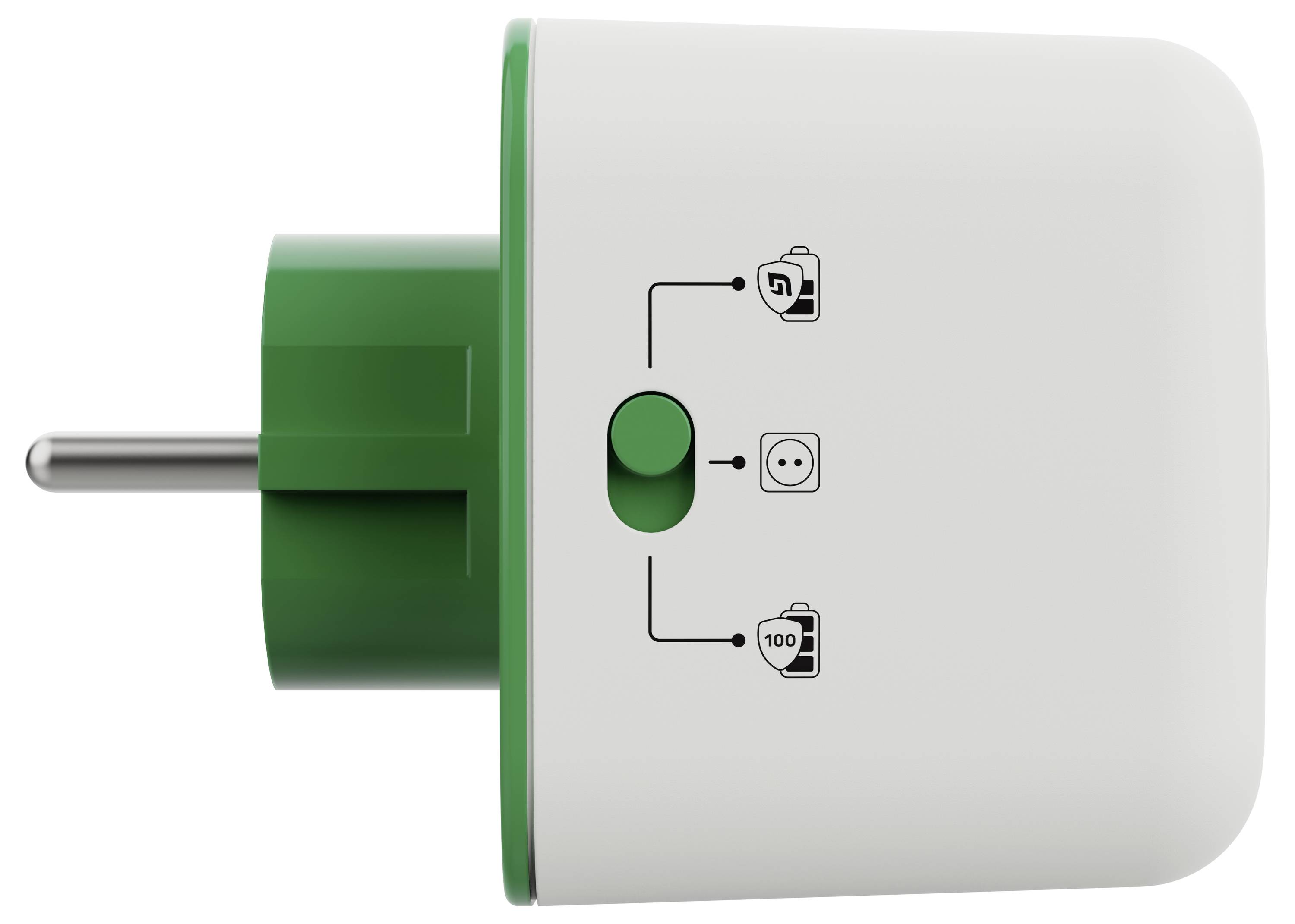 Een groen en wit stekkeradapterset met een knop en pictogrammen die energiebewaking en stroomregelfuncties aangeven.