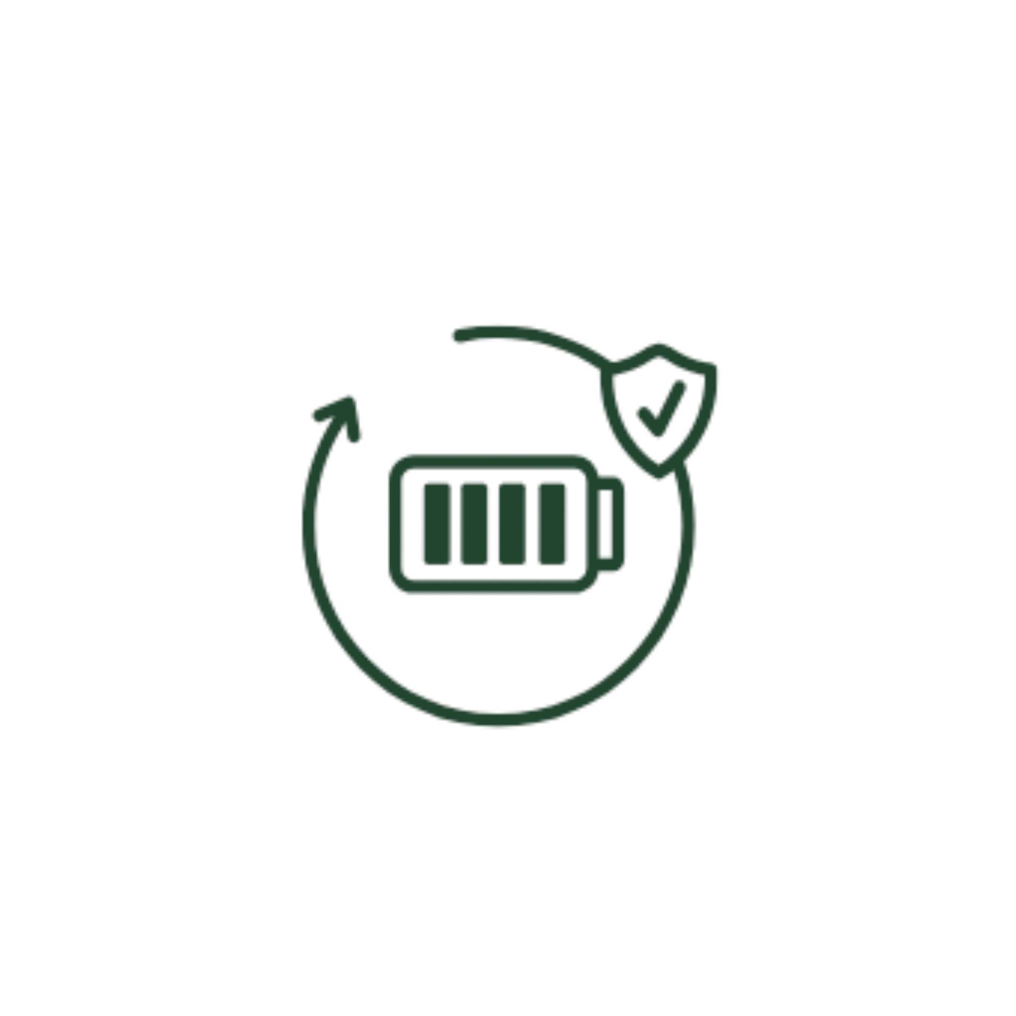 'Batterijpictogram met een schild en circulaire pijl die bescherming en recycling aangeven.'