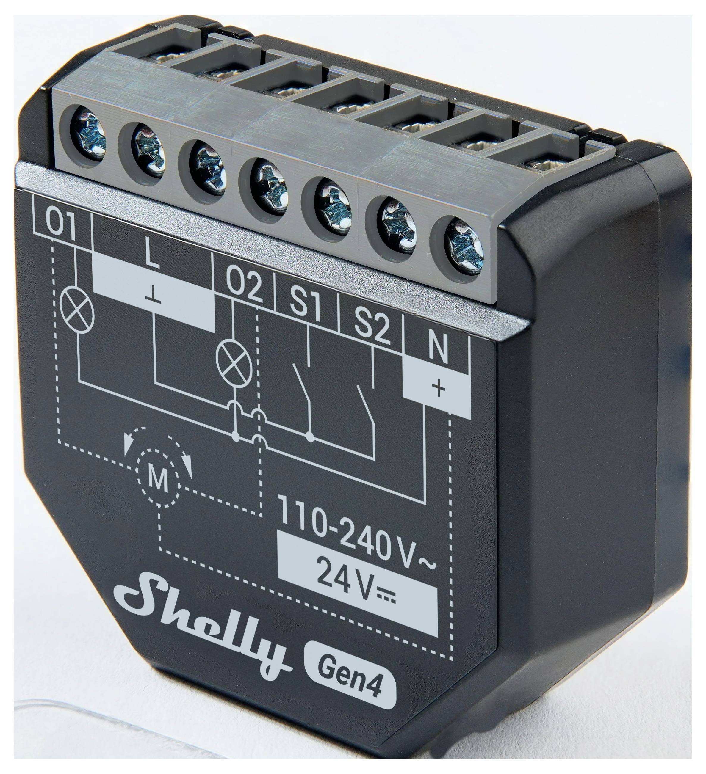 'Apparaat met elektrische aansluitingen en diagram op de voorkant, gelabeld Shelly Gen4, 110-240V, 24V.'