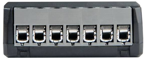 Een zes-gaats aansluitblok met metalen clips voor het beveiligen van elektrische draden.