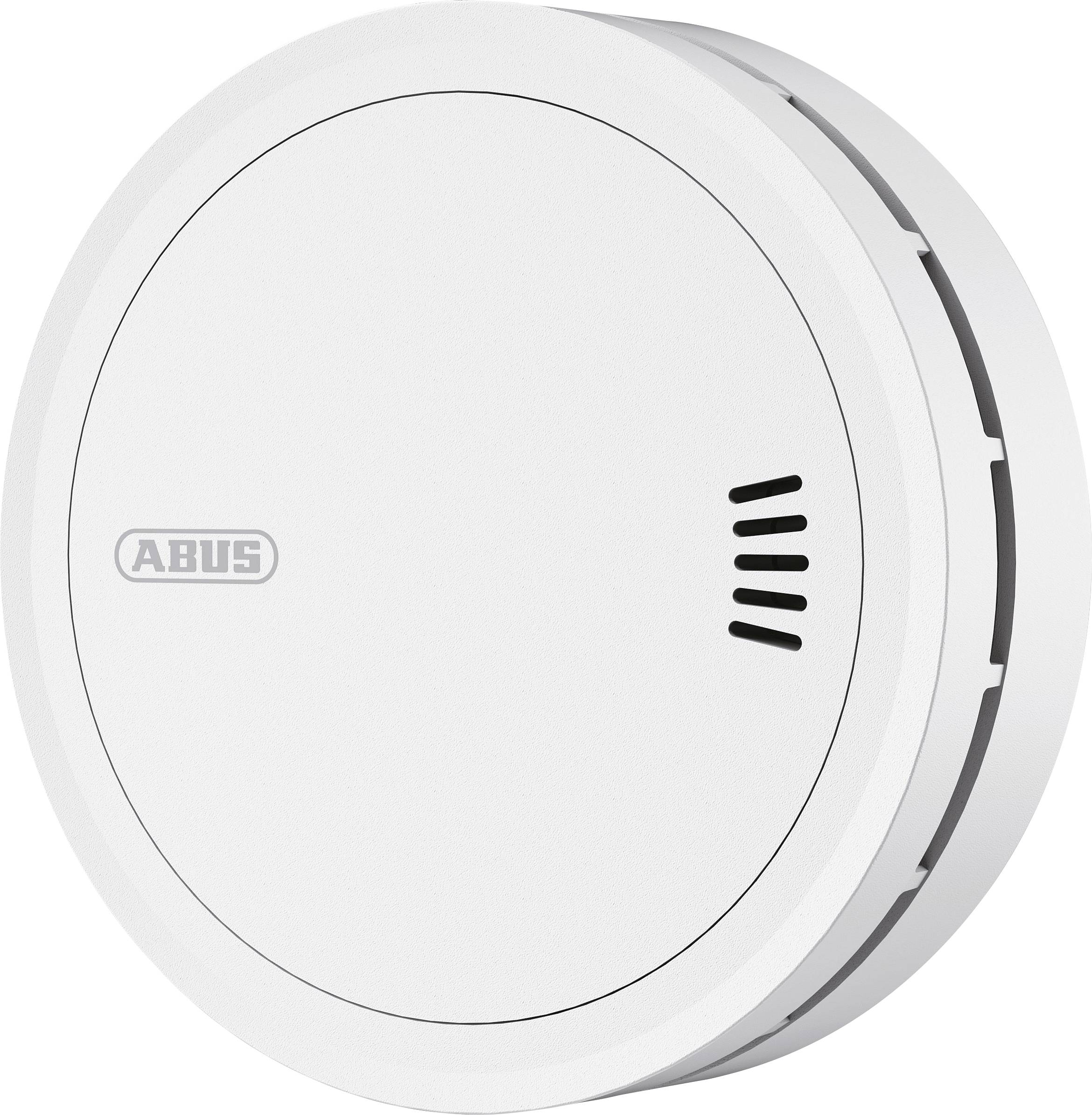 Een witte ABUS rookmelder met een rond ontwerp, voorzien van ventilatieopeningen aan de zijkant en het ABUS-logo aan de voorkant.