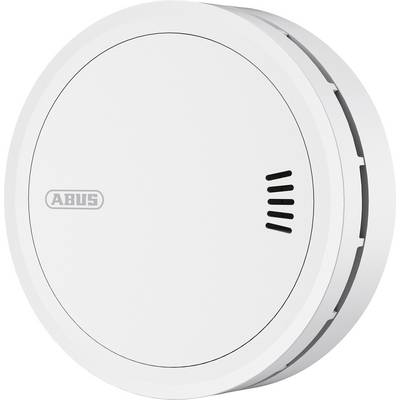 Een witte ABUS rookmelder met een rond ontwerp, voorzien van ventilatieopeningen aan de zijkant en het ABUS-logo aan de voorkant.