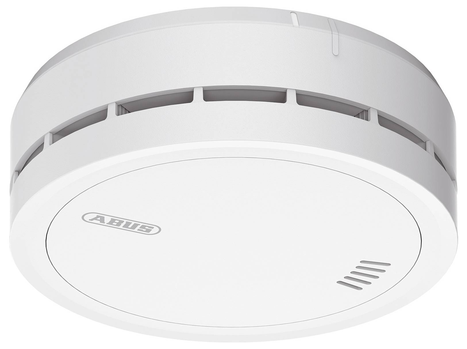 Een witte rookmelder met zichtbare ventilatieopeningen en een 'ABUS'-logo op het oppervlak, ontworpen voor plafondinstallatie om rook te detecteren.