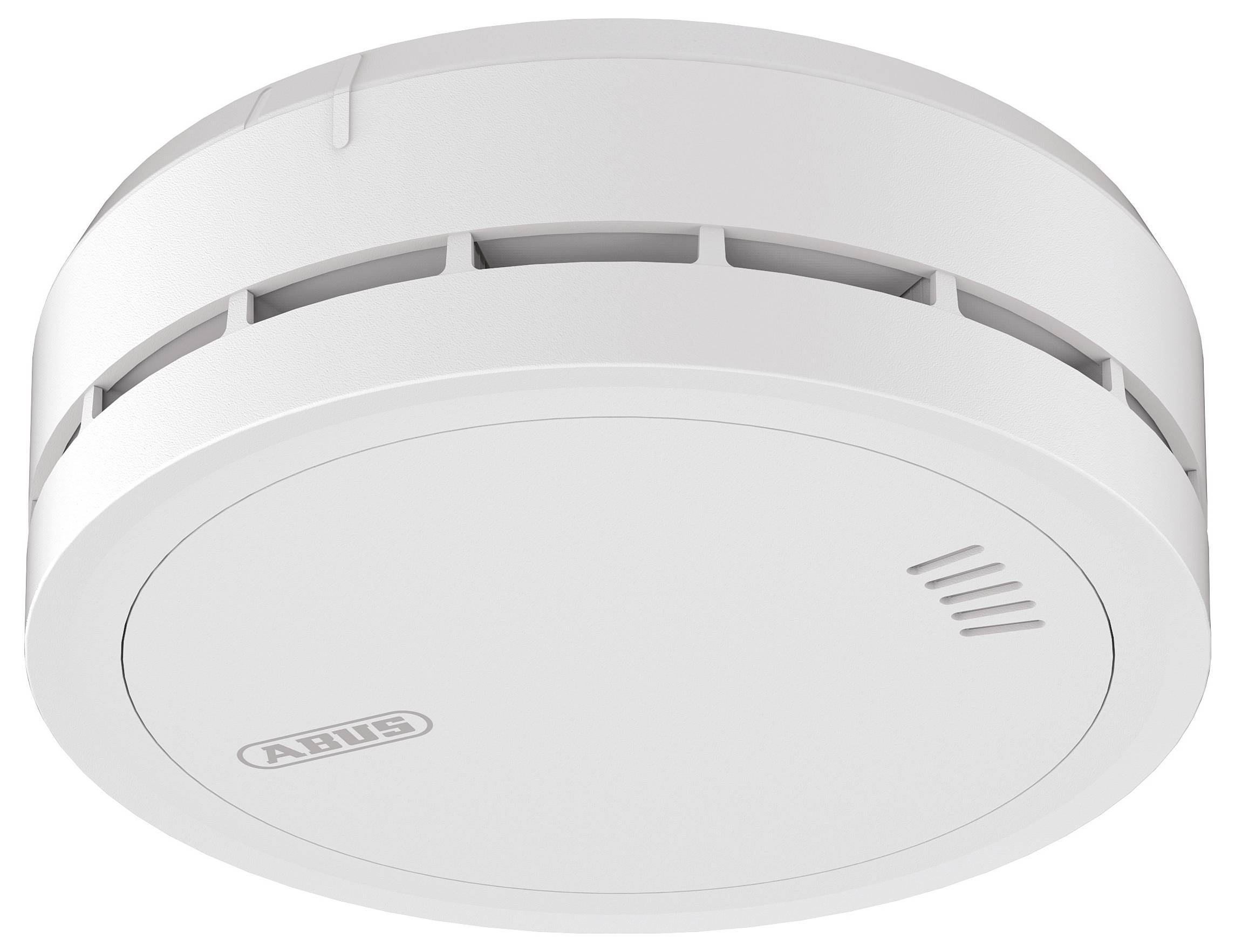 Een wit plafondgemonteerde rookmelder met het merk 'ABUS', voorzien van ventilatiesleuven en een kleine luidspreker.