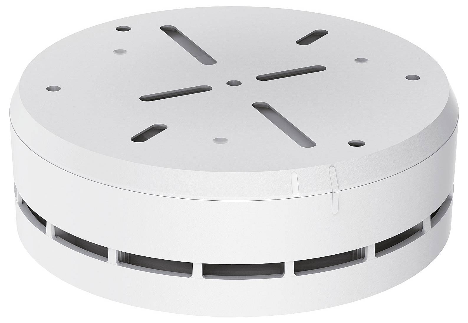 'Een witte ronde rookmelder met ventilatiegaten, ontworpen voor plaatsing aan het plafond. Het heeft een modern, minimalistische ontwerp.'