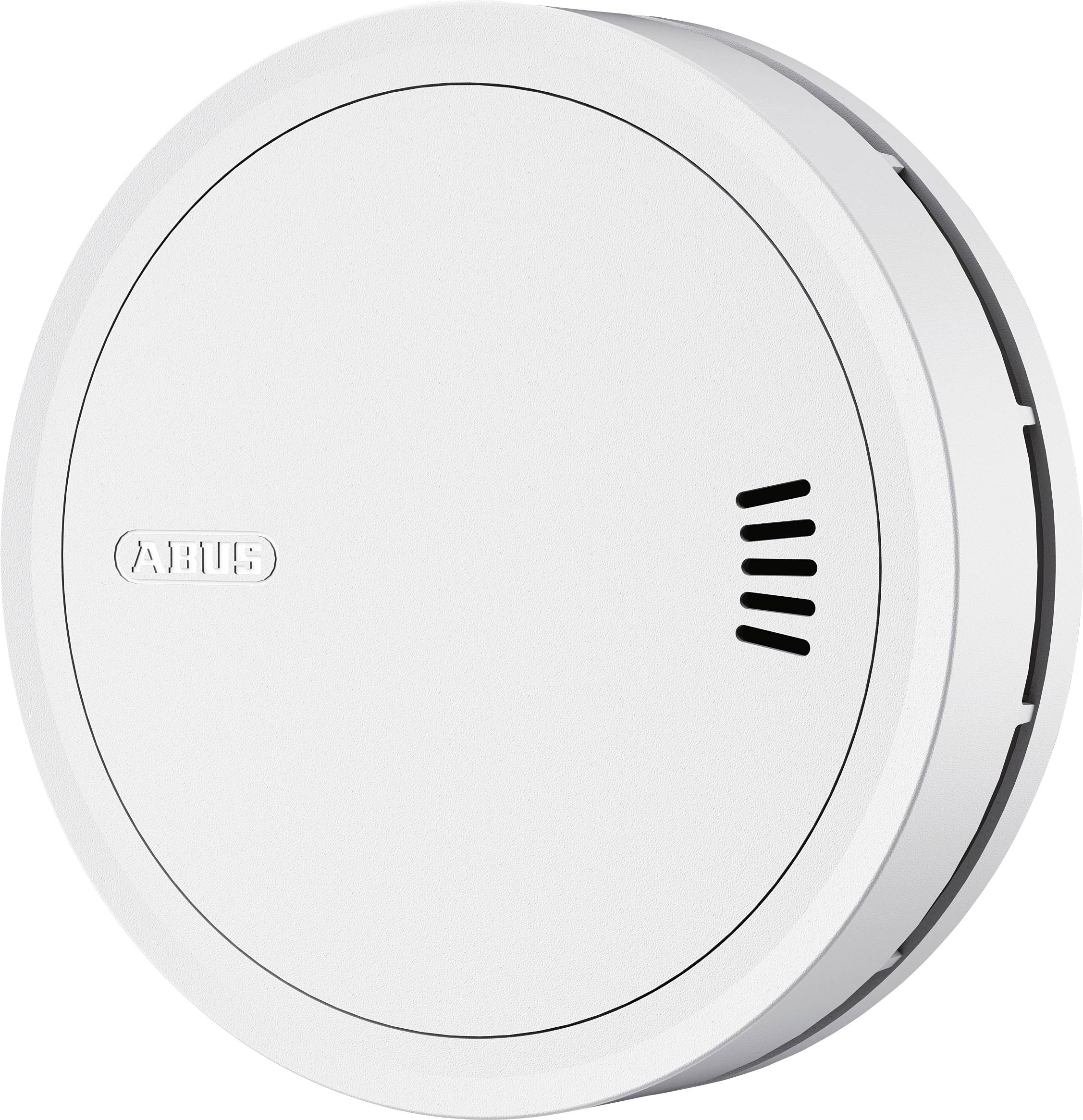 Een witte ronde rookmelder met een kleine ventilatieopening en 'ABUS'-branding op het oppervlak, wat aangeeft dat het een veiligheidsapparaat voor rookdetectie is.