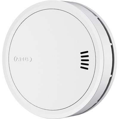 Een witte ronde rookmelder met een kleine ventilatieopening en 'ABUS'-branding op het oppervlak, wat aangeeft dat het een veiligheidsapparaat voor rookdetectie is.