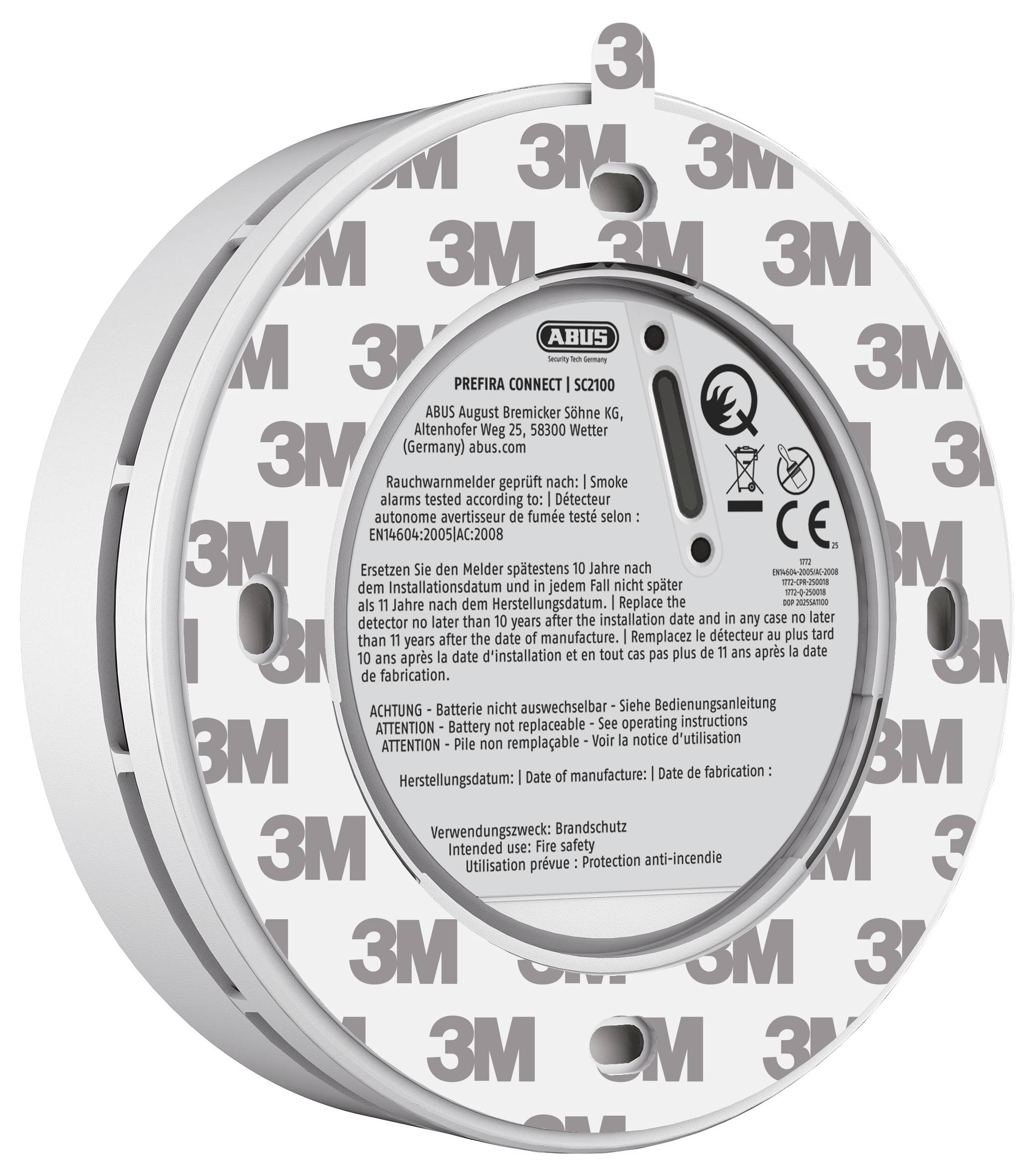 De afbeelding toont de achterkant van een ronde rookmelder met het label 'ABUS.' Het heeft een zelfklevende achterkant gemarkeerd met '3M' voor montage.