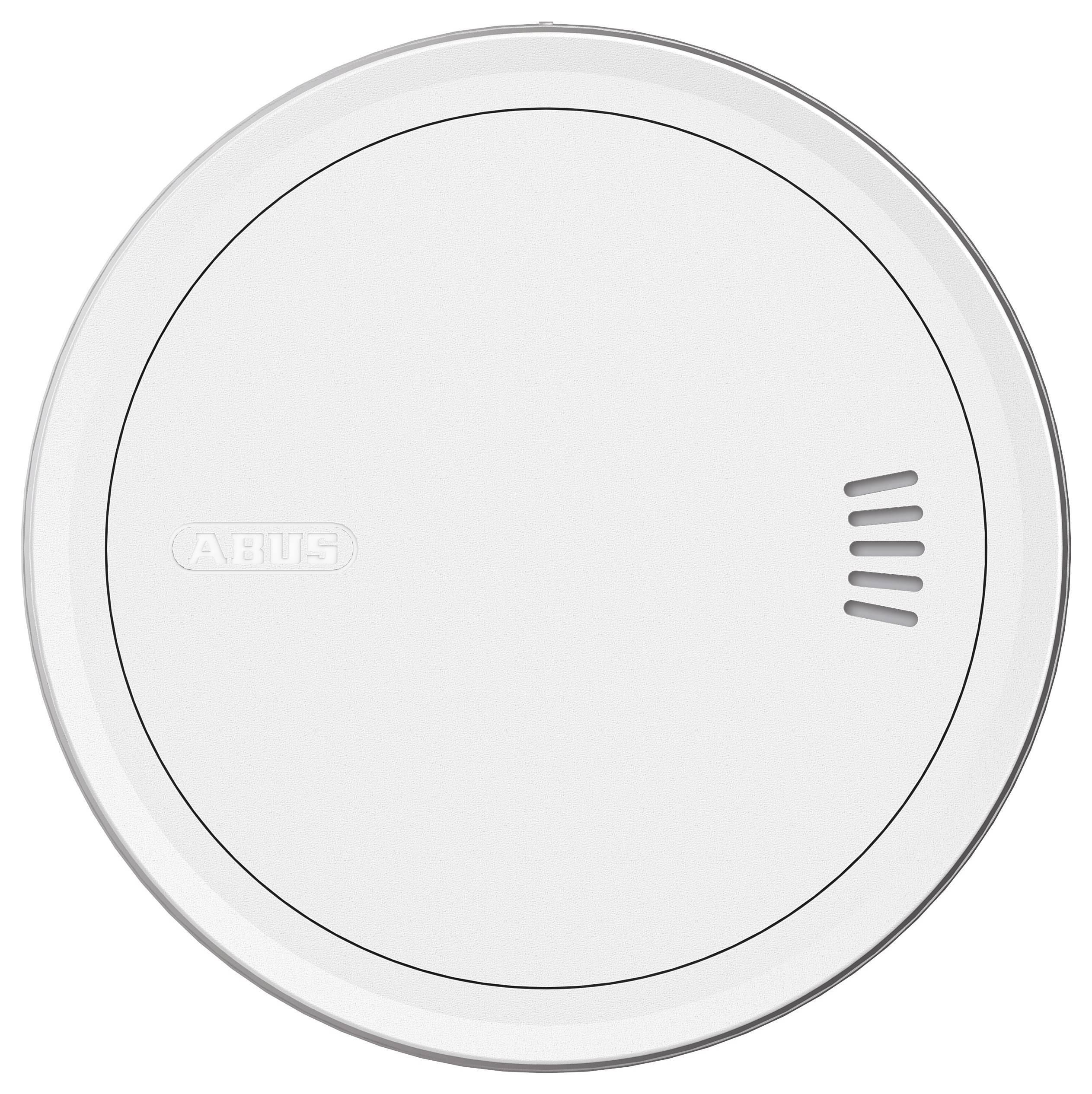 Een witte, ronde rookmelder met een klein ventilatieopening aan één kant. De merknaam is in reliëf op het oppervlak aangebracht.